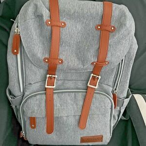Canway Diaper Bag Backpack Gray Brown Leather Trim Travel Baby Bag Large Multi